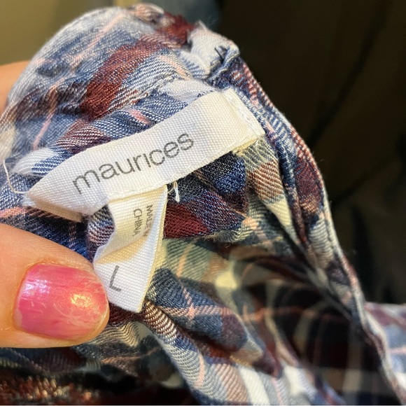 5/$20!Maurices keyhole neck plaid distressed long sleeve top L - Picture 5 of 9